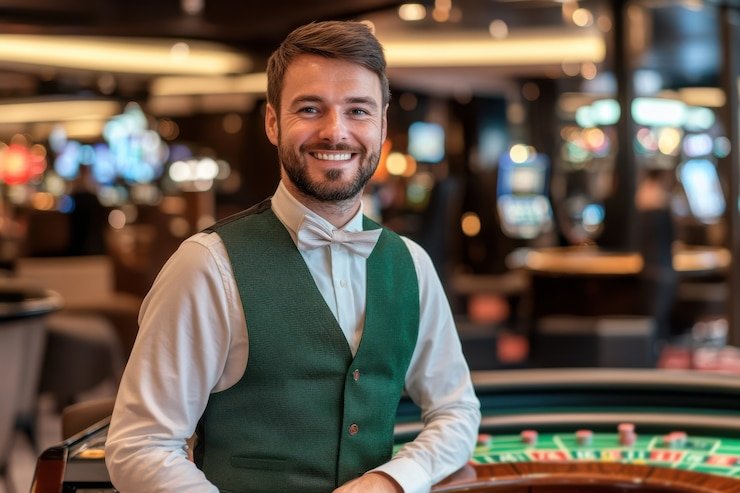 Meja permainan kasino klasik seperti roulette dan blackjack yang tertata rapi